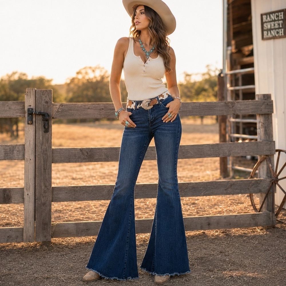 L&B Lucky & Blessed Flare Jeans Size 6 Cow Print Y2K Bell Bottoms Western Retro